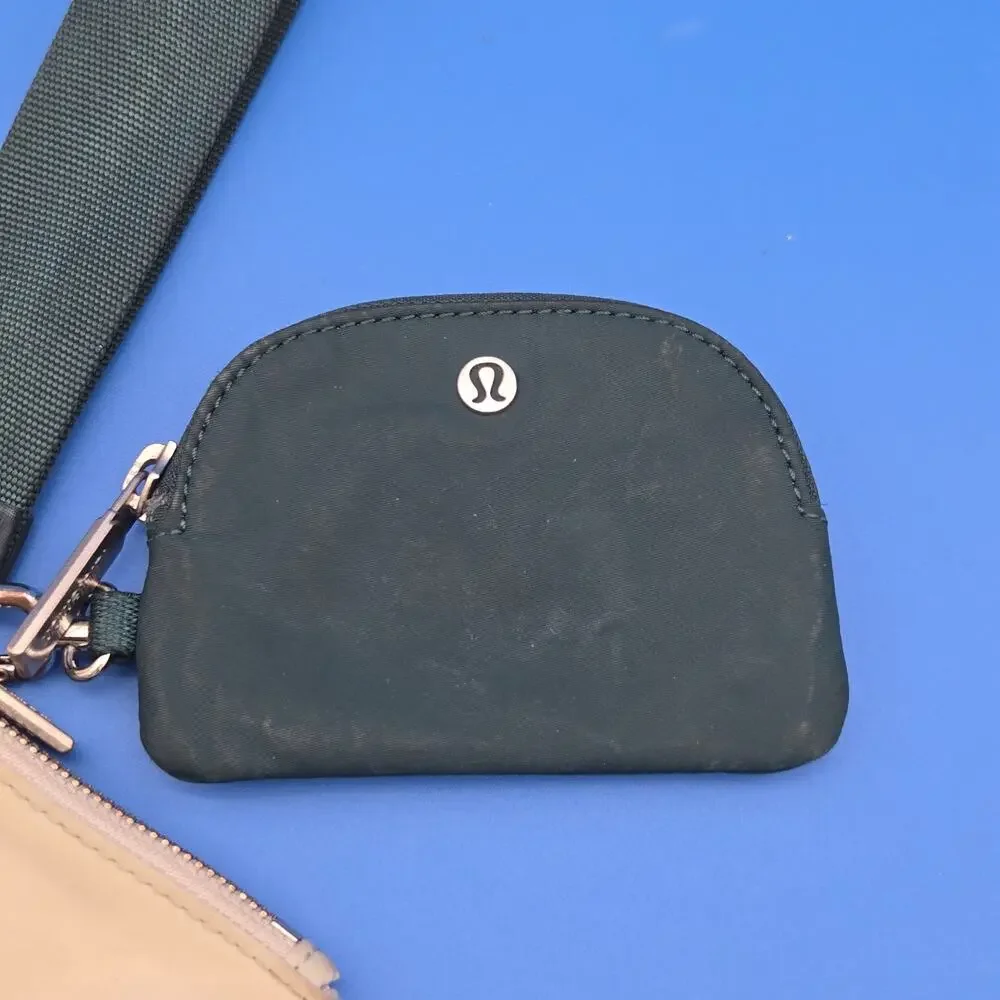 Lululemon Dual Pouch Wristlet Green Beige Gold Hardware Keychain Wallet